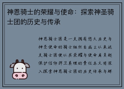 神恩骑士的荣耀与使命：探索神圣骑士团的历史与传承